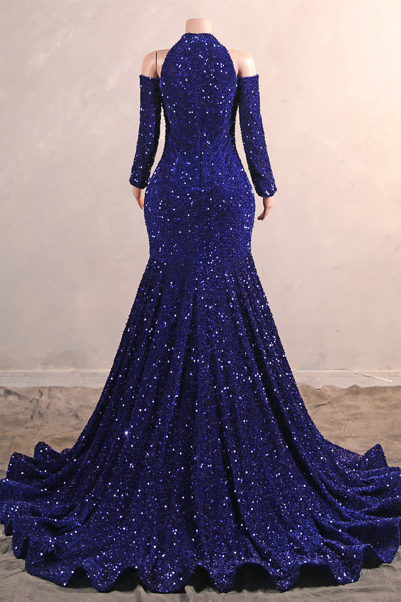 navy blue sequin prom dress Royal Blue Sequin Mermaid High Neck Keyhole Prom Dresses