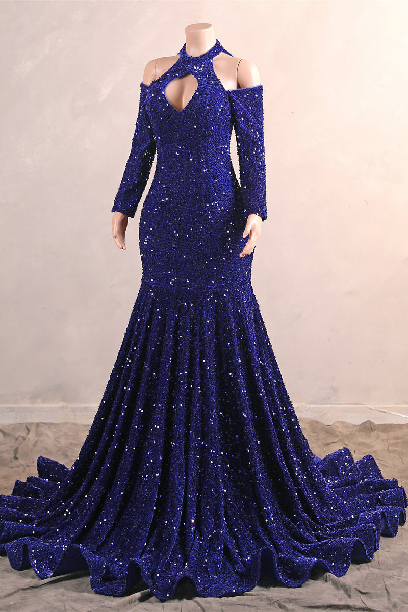 Royal Blue Sequin Mermaid High Neck Keyhole Prom Dresses-Ballbella