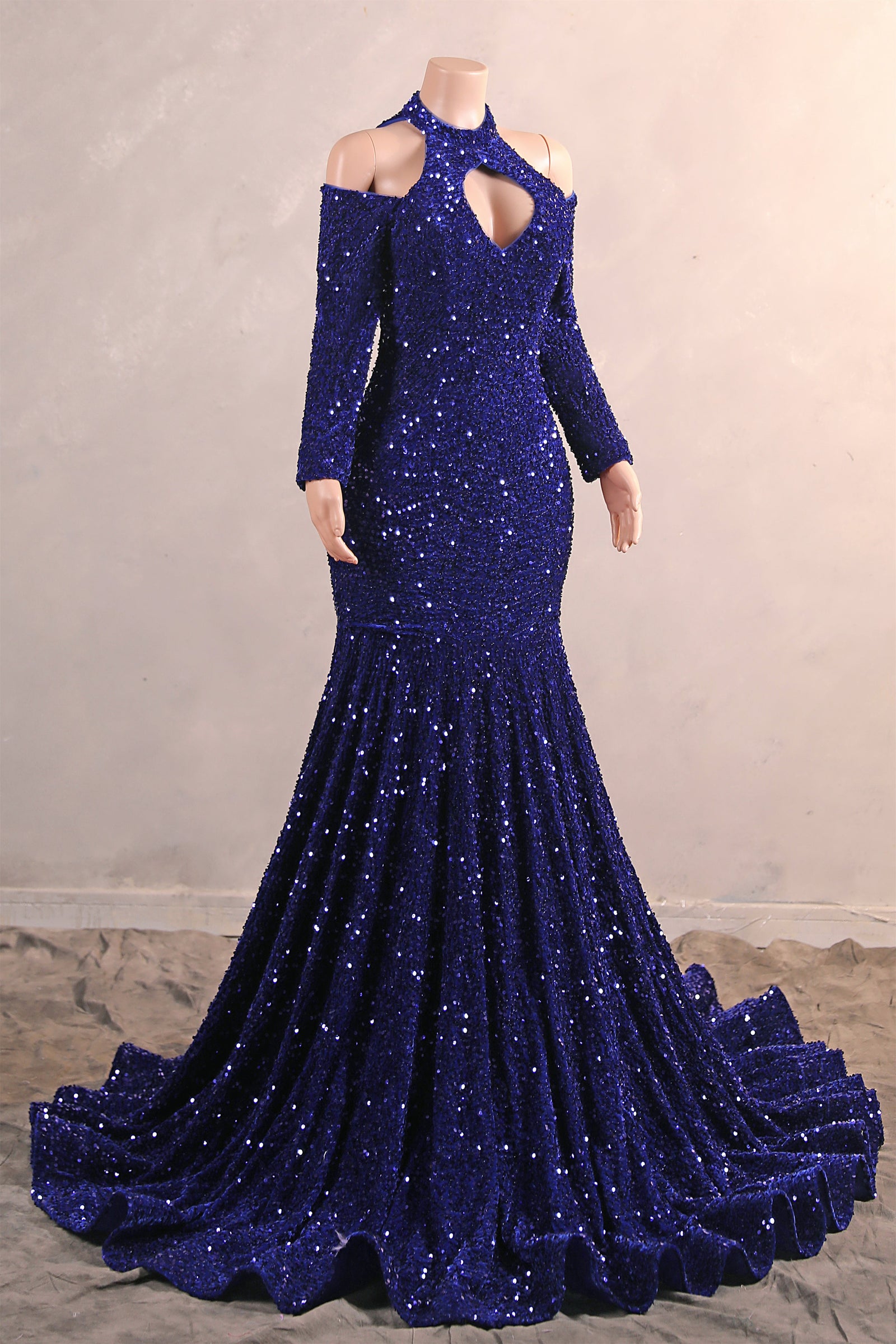 blue sequin mermaid prom dress Royal Blue Sequin Mermaid High Neck Keyhole Prom Dresses