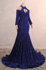 Royal Blue Sequin Mermaid High Neck Keyhole Prom Dresses-Ballbella