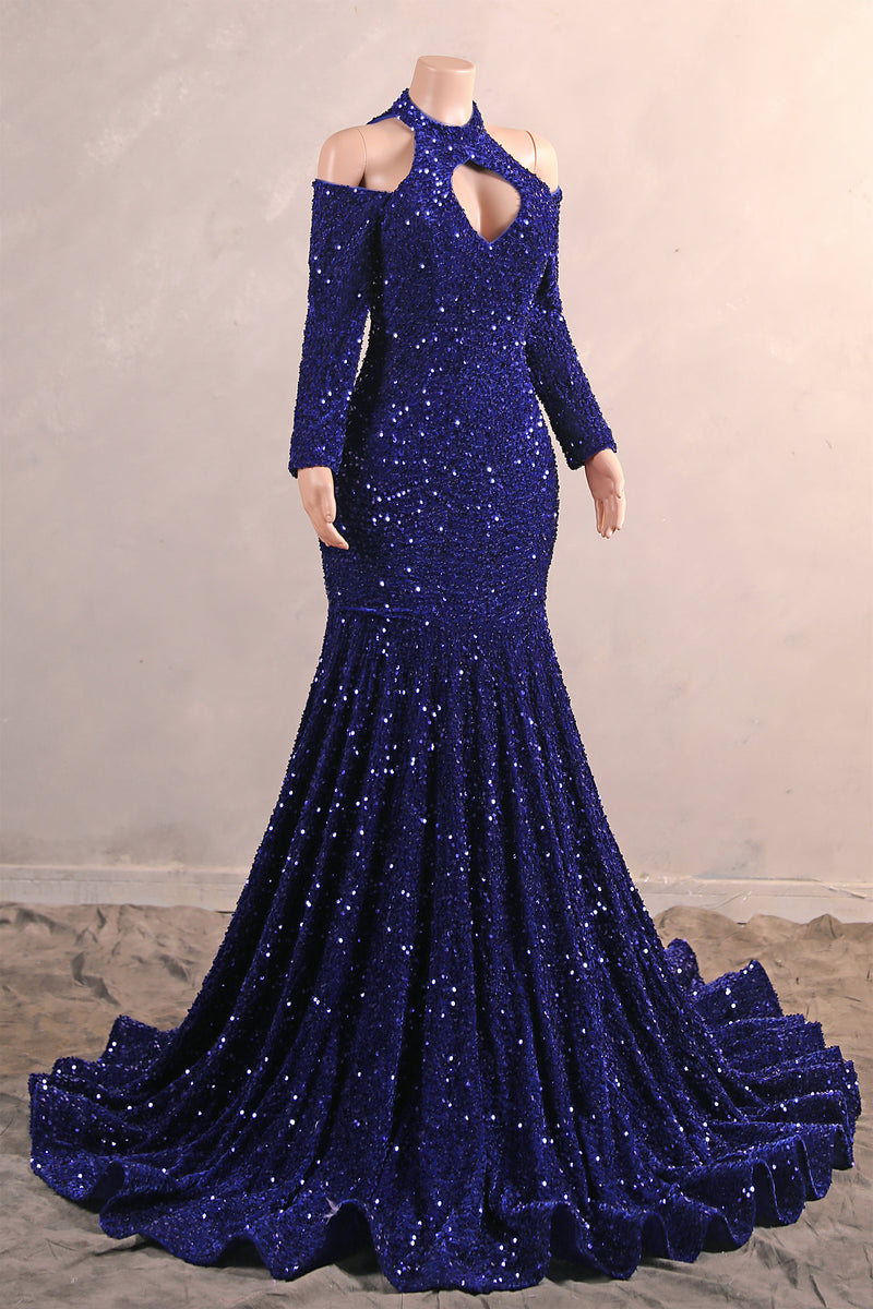 Royal Blue Sequin Mermaid High Neck Keyhole Prom Dresses-Ballbella