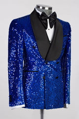 Royal Blue Sequin Shawl Lapel Double-Breasted Prom Suit-Ballbella