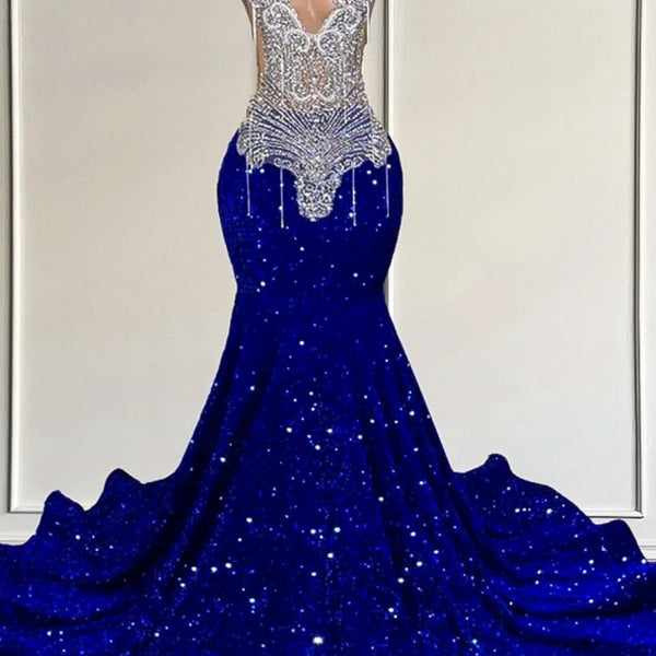 Royal Blue sequin Silver Beaded Mermaid Long V-neck Prom Dresses