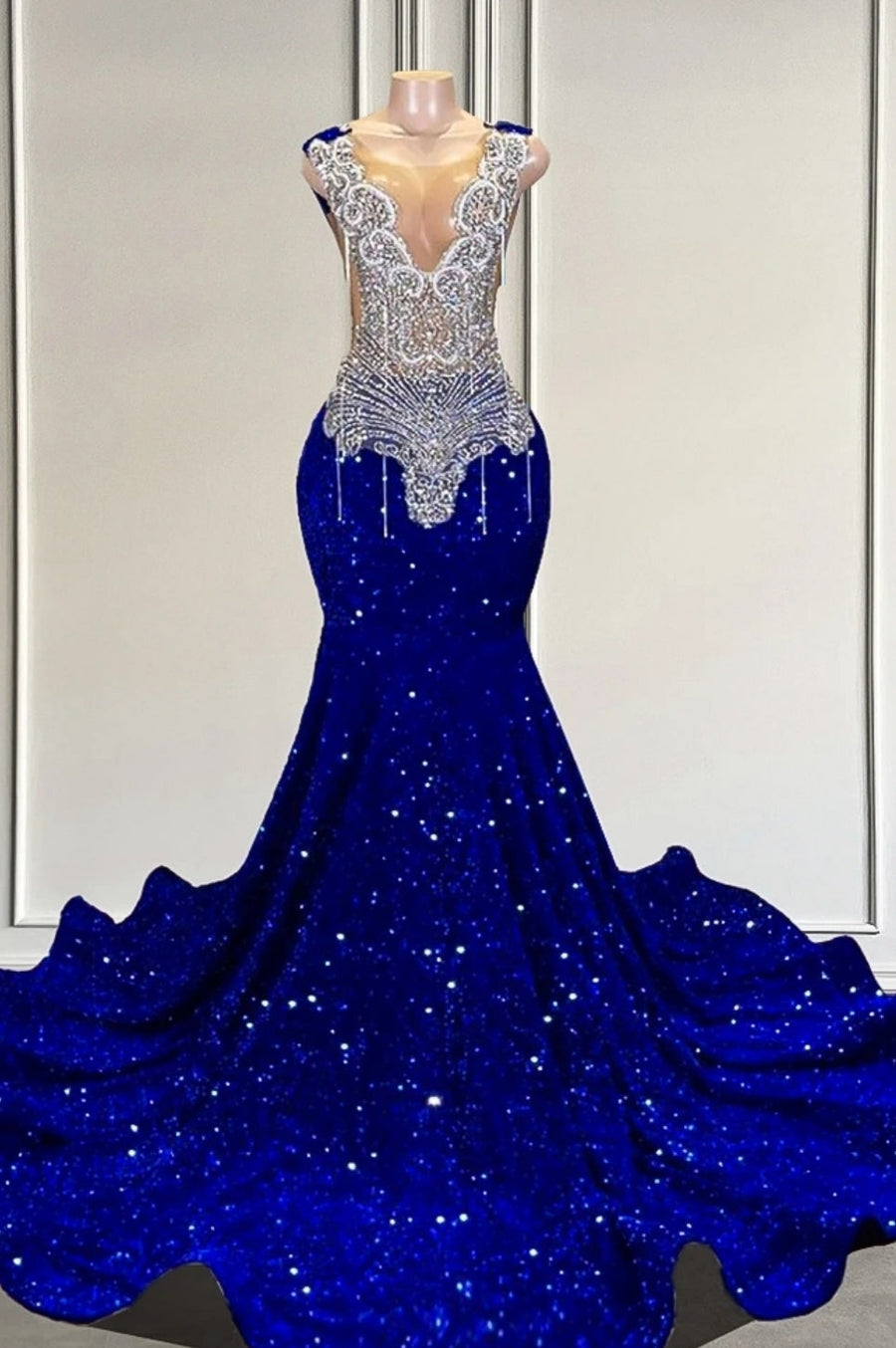 Royal Blue sequin Silver Beaded Mermaid Long V-neck Prom Dresses – Ballbella, image size:900x1354