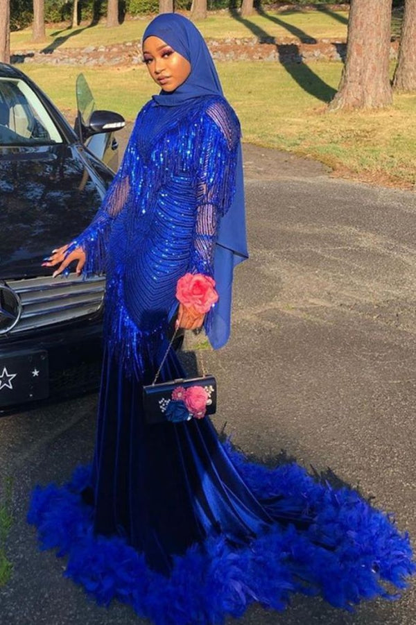Ballbella offers Royal Blue Sequined Mermaid Evening Gown Sweep Train at a good price from Stretch Satin, Velvet to Mermaid Floor-length hem. Gorgeous yet affordable Long Sleevess Prom Dresses, Evening Dresses.