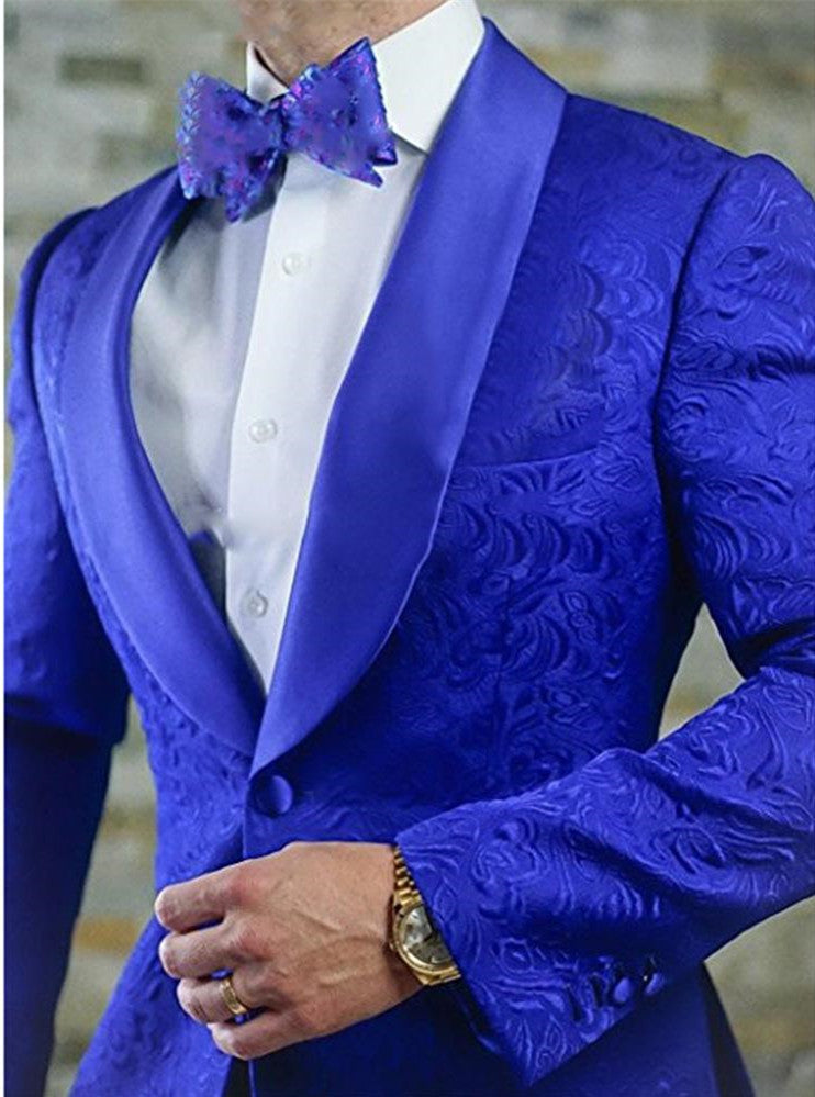 Ballbella made this Royal Blue Shawl Lapel GroomsMen Marriage Tuxedos, Jacquard Men Suits Prom Best Man Blazer Two-pieces with rush order service. Discover the design of this Royal Blue Jacquard Shawl Lapel Single Breasted mens suits cheap for prom, wedding or formal business occasion.