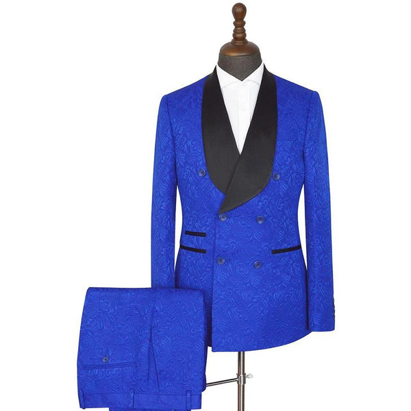 The Bespoke Shawl Lapel Double Breasted Men Suit is an essential part of any wardrobe. Whether you need a sharp business suit, a Custom design black tie evening look or a wedding or prom suit, you will find the perfect fit in Ballbella collection.Custom made this Royal blue Shawl Lapel Slim Fit Double Breasted Jacquard Wedding Suits with rush order service.