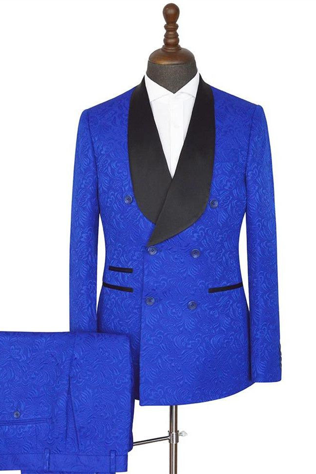 Royal blue Shawl Lapel Slim Fit Double Breasted Jacquard Wedding Suits ...