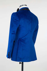 Royal Blue Velvet Knitted Button Prom Suit with Black Chains-Ballbella