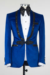 Royal Blue Velvet Knitted Button Prom Suit with Black Chains-Ballbella