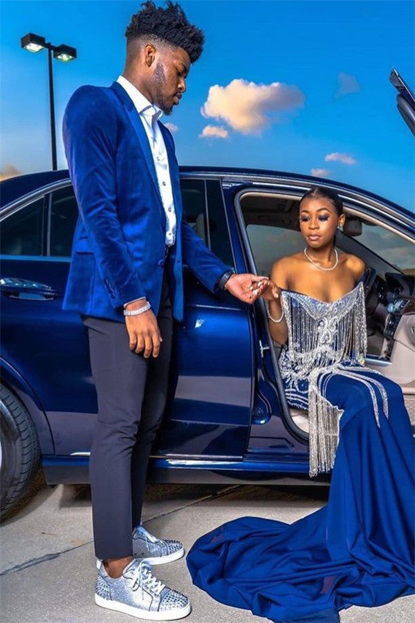 Royal Blue Velvet Prom Outfits Online Chic Peaked Laple Men's Suit with Two Pieces