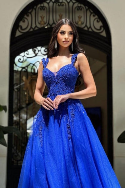 Royal Long Blue Sleeveless Prom Dresses A-Line Lace Graduation Dresses