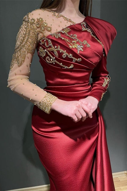 Ruby Long Sleeves Mermaid Stretch Satin Evening Prom Dresses with Ruffles-Ballbella