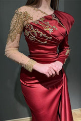 Ruby Long Sleeves Mermaid Stretch Satin Evening Prom Dresses with Ruffles-Ballbella