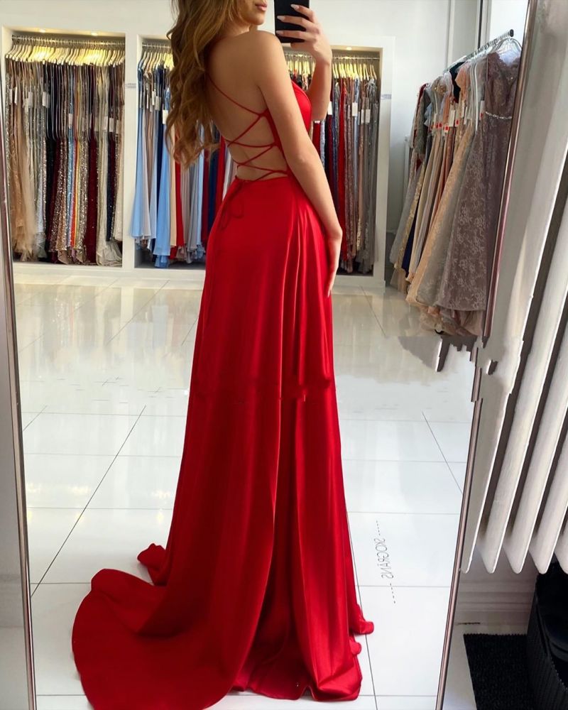 Ruby Red Chic High split Court Train Long evening Dress-Ballbella
