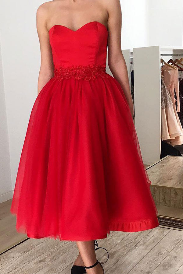 Ballbella offers Ruby Sweetheart Short Ankle-length Homecoming Dress with Belt at a cheap price from Satin to A-line Tea-length hem. Gorgeous yet affordable  Prom Dresses.