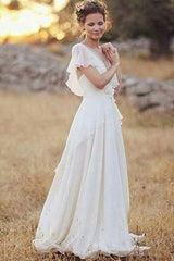 Ruched Floor Length A Line V neck Chiffon Short Sleeves Wedding Dresses-Ballbella