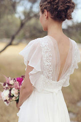 Ruched Floor Length A Line V neck Chiffon Short Sleeves Wedding Dresses-Ballbella