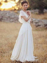 Check this Ruched Floor-Length A-Line V-neck Chiffon Short Sleeves Wedding Dresses at ballbella.com, this dress will make your guests say wow. The V-neck bodice is thoughtfully lined, and the Floor-length skirt with Ruched to provide the airy, flatter look of 100D Chiffon,Lace.