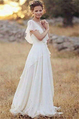 Ruched Floor Length A Line V neck Chiffon Short Sleeves Wedding Dresses-Ballbella