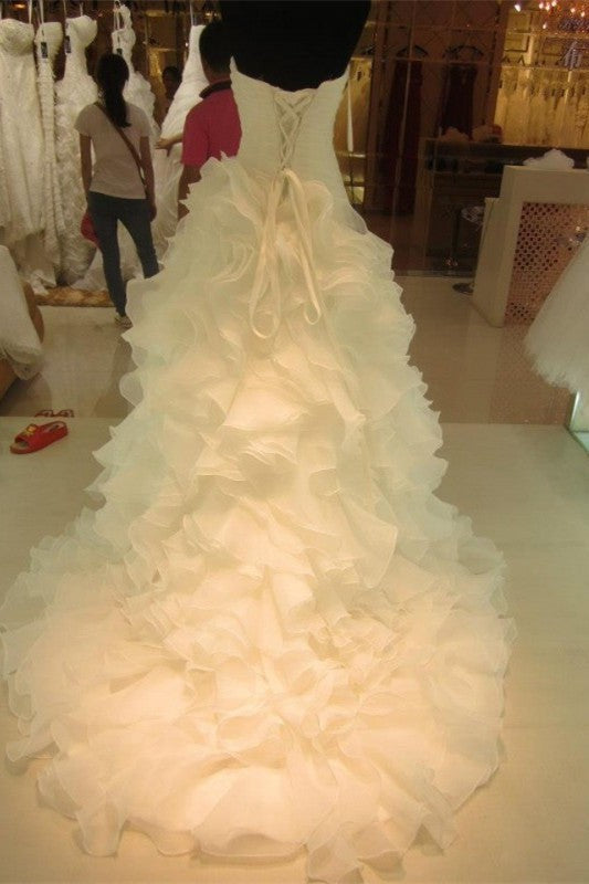 Ruffless Tiered High Quality Wedding Dresses with Long Train Organza Bridal Dress-Ballbella