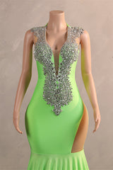 Sage Green Silver Beaded Luxury Mermaid Floor Length Prom Dresses-Ballbella
