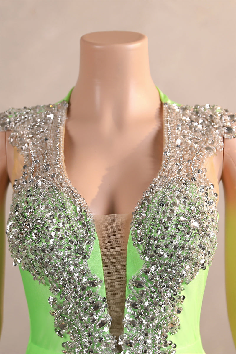 Sage Green Silver Beaded Luxury Mermaid Floor Length Prom Dresses-Ballbella