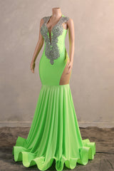 Sage Green Silver Beaded Luxury Mermaid Floor Length Prom Dresses-Ballbella