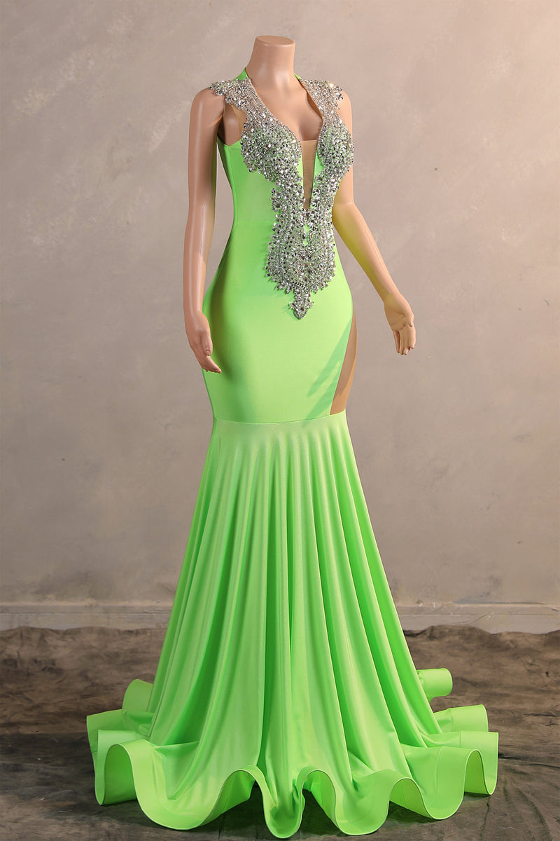 Sage Green Silver Beaded Luxury Mermaid Floor Length Prom Dresses-Ballbella