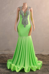 Sage Green Silver Beaded Luxury Mermaid Floor Length Prom Dresses-Ballbella