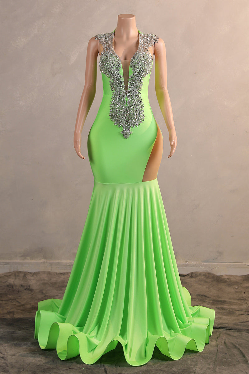 Sage Green Silver Beaded Luxury Mermaid Floor Length Prom Dresses-Ballbella
