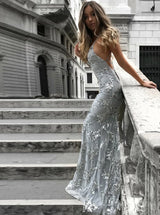 Looking for Real model series in Stretch Satin,  Mermaid style,  and Gorgeous Sequined work? Ballbella has all covered on this elegant SAGE Mermaid V-neck Spaghetti Floor-length Crystal Beads Prom Dresses.