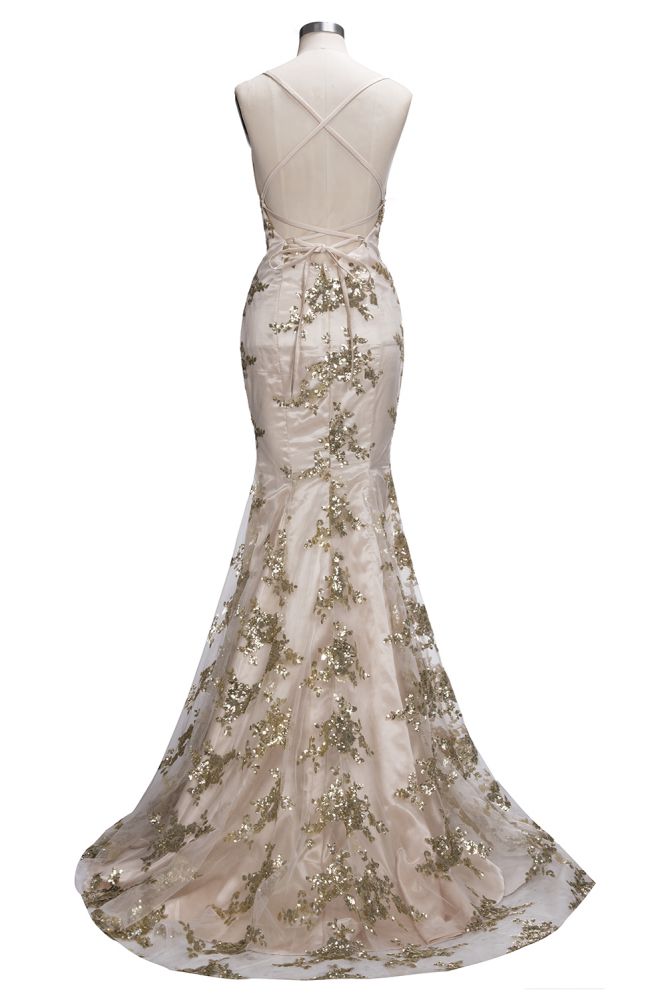 SAGE Mermaid V-neck Spaghetti Floor-length Crystal Beads Prom Dresses-Ballbella