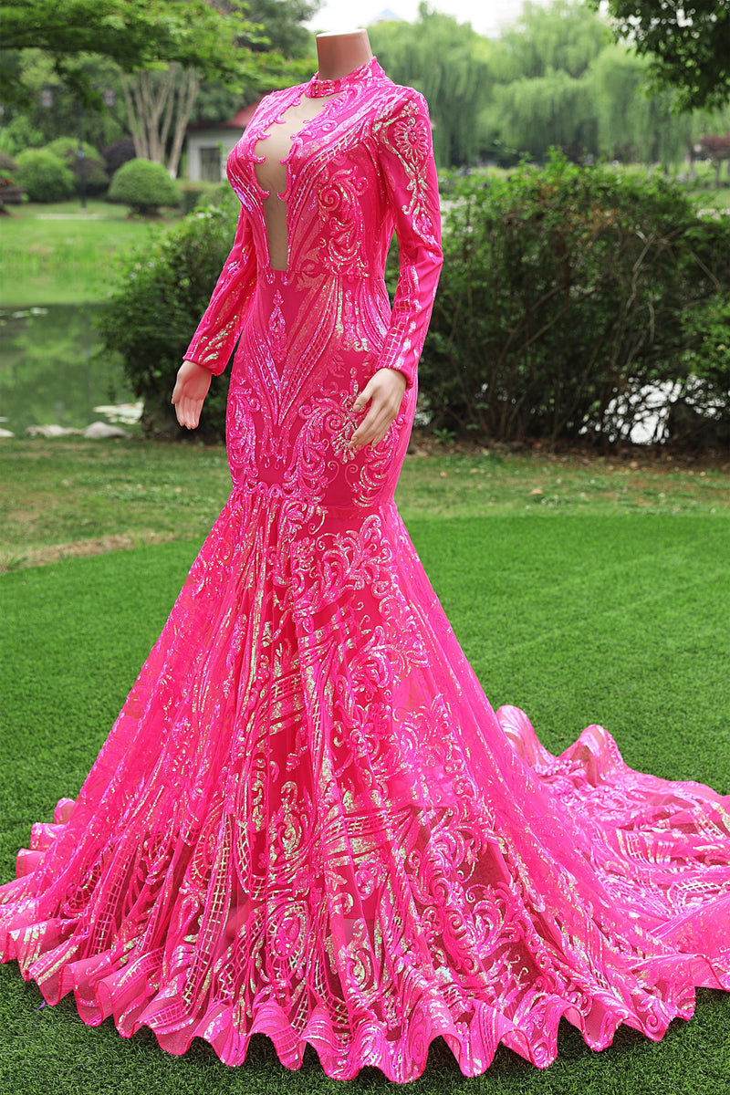 Saprkle Long sleeves Keyhole Mermaid Sequin Prom Dresses-Ballbella