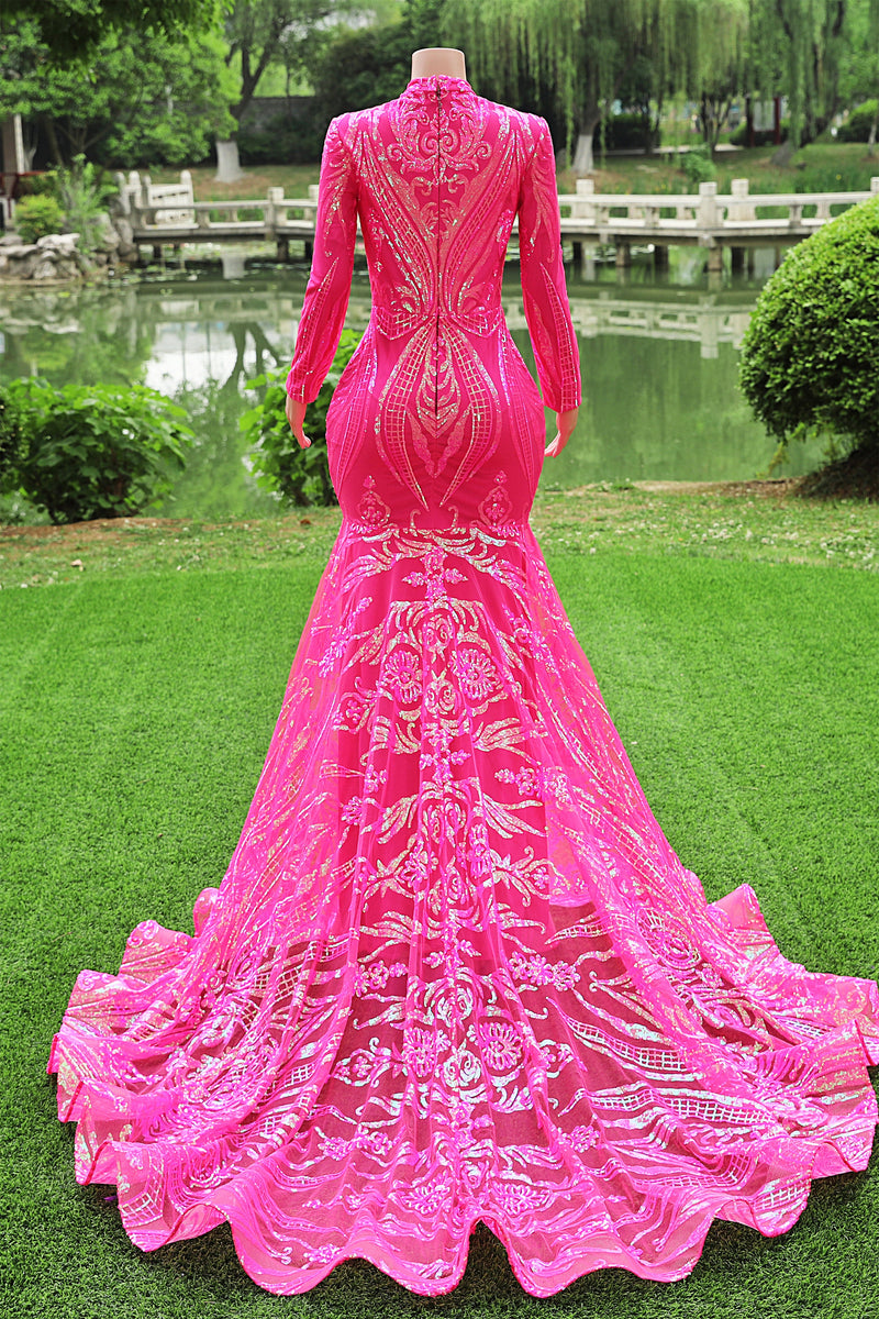Saprkle Long sleeves Keyhole Mermaid Sequin Prom Dresses-Ballbella