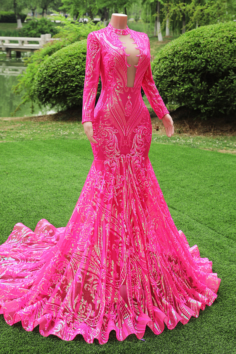 Saprkle Long sleeves Keyhole Mermaid Sequin Prom Dresses-Ballbella