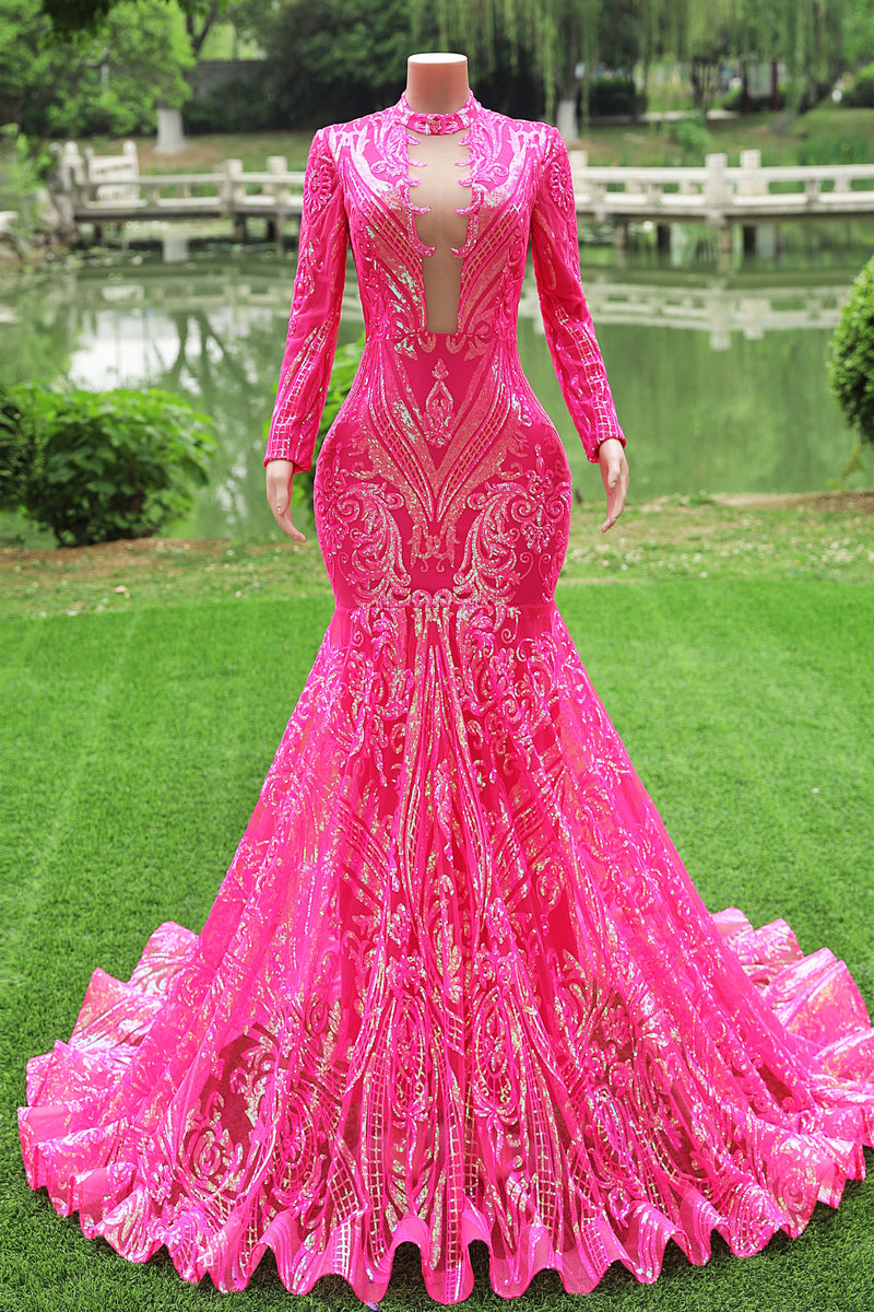 Saprkle Long sleeves Keyhole Mermaid Sequin Prom Dresses-Ballbella