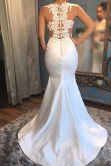 Satin Mermaid Scoop Sleeveless Applique Court Train Wedding Dresses-Ballbella