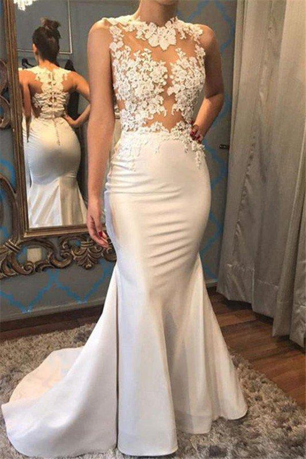 Satin Mermaid Scoop Sleeveless Applique Court Train Wedding Dresses-Ballbella