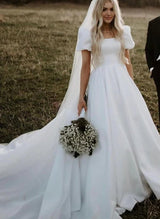 Satin Square Neckline Ball-Gown Wedding Dresses-Ballbella