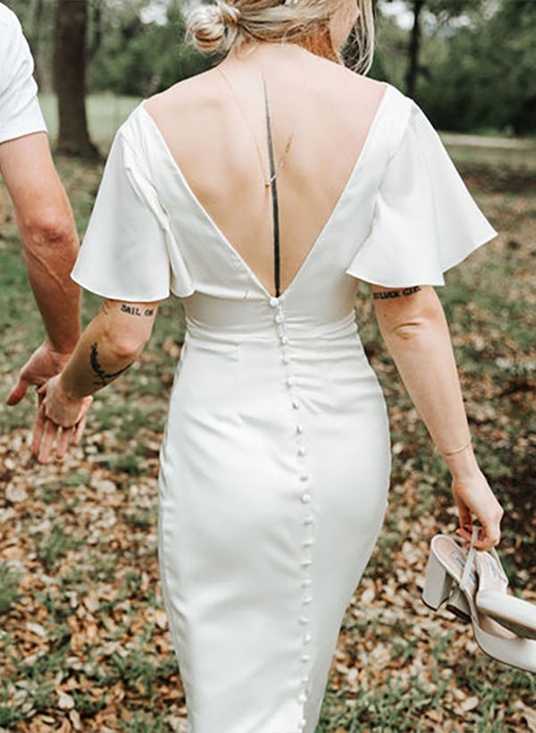 Satin V-Neck Sheath Wedding Dress Short Sleeves-Ballbella