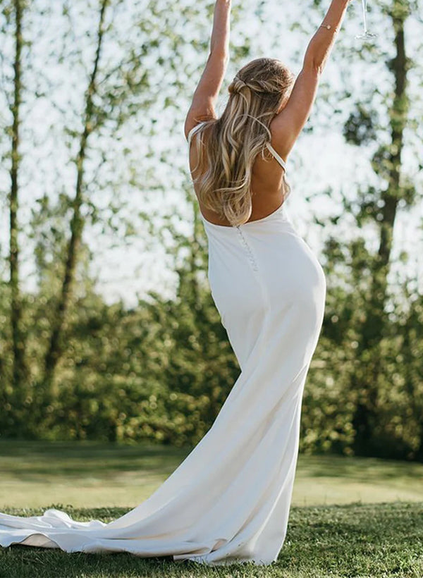 spaghetti strap fit and flare dress Satin Wedding Dress Open Back V-Neck Sleeveless Sheath Fitted