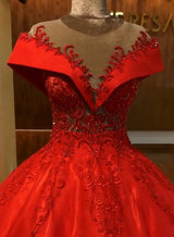 Wanna Prom Dresses, Real Model Series in Ball Gown style,  and delicate Lace work? Ballbella has all covered on this elegant Scarlet Off-the-Shoulder Quinceanera Dresses Lace Crystal Puffy Ball Gown Evening Dress yet cheap price.