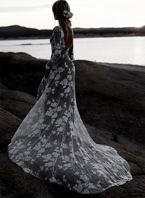 Scoop Neck Long Sleeves Court Train Lace Wedding Dresses Mermaid Fitted Style-Ballbella