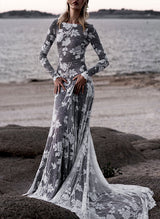 Scoop Neck Long Sleeves Court Train Lace Wedding Dresses Mermaid Fitted Style-Ballbella