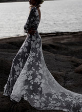 Scoop Neck Long Sleeves Court Train Lace Wedding Dresses Mermaid Fitted Style-Ballbella