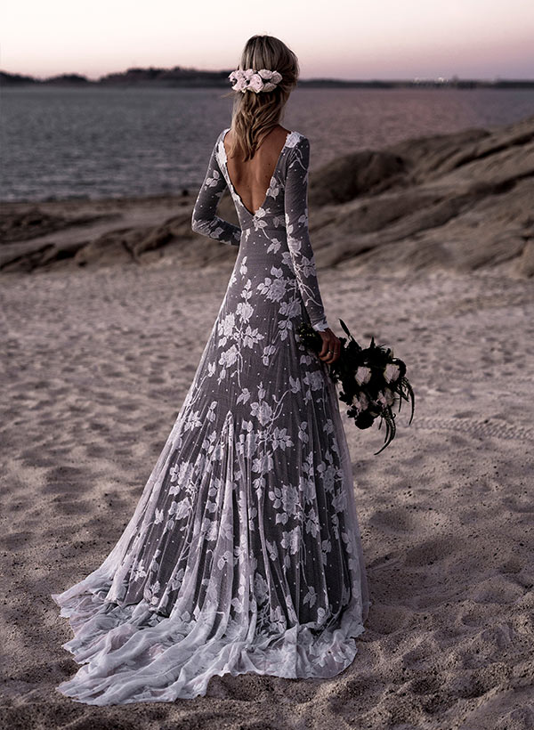 Scoop Neck Long Sleeves Court Train Lace Wedding Dresses Mermaid Fitted Style-Ballbella