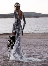 Scoop Neck Long Sleeves Court Train Lace Wedding Dresses Mermaid Fitted Style-Ballbella