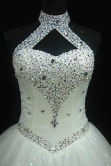 Sequin Ball Gown Sleeveless Floor Length Beading Tulle Halter Wedding Dresses-Ballbella