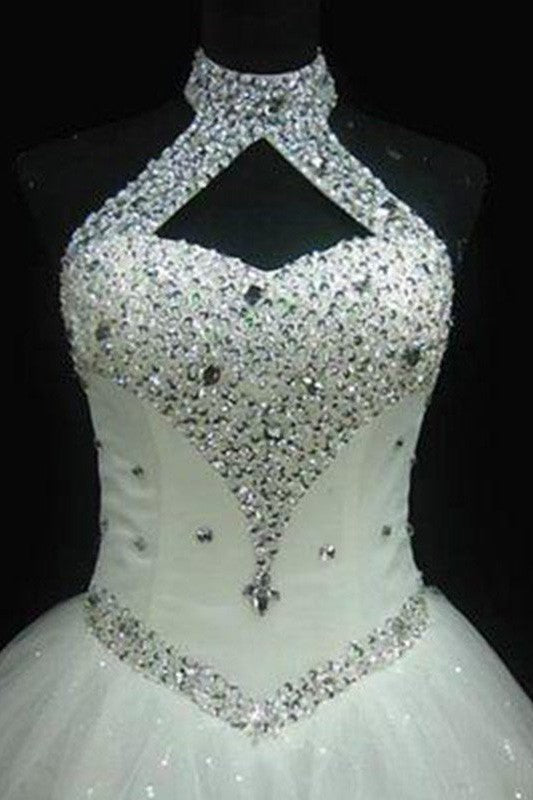 Sequin Ball Gown Sleeveless Floor Length Beading Tulle Halter Wedding Dresses-Ballbella